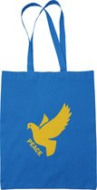 Katoenen tas met opdruk Vredesduif peace | Gele bedrukking op blauwe tas | Kleuren Oekraïnse vlag | tegen de oorlog