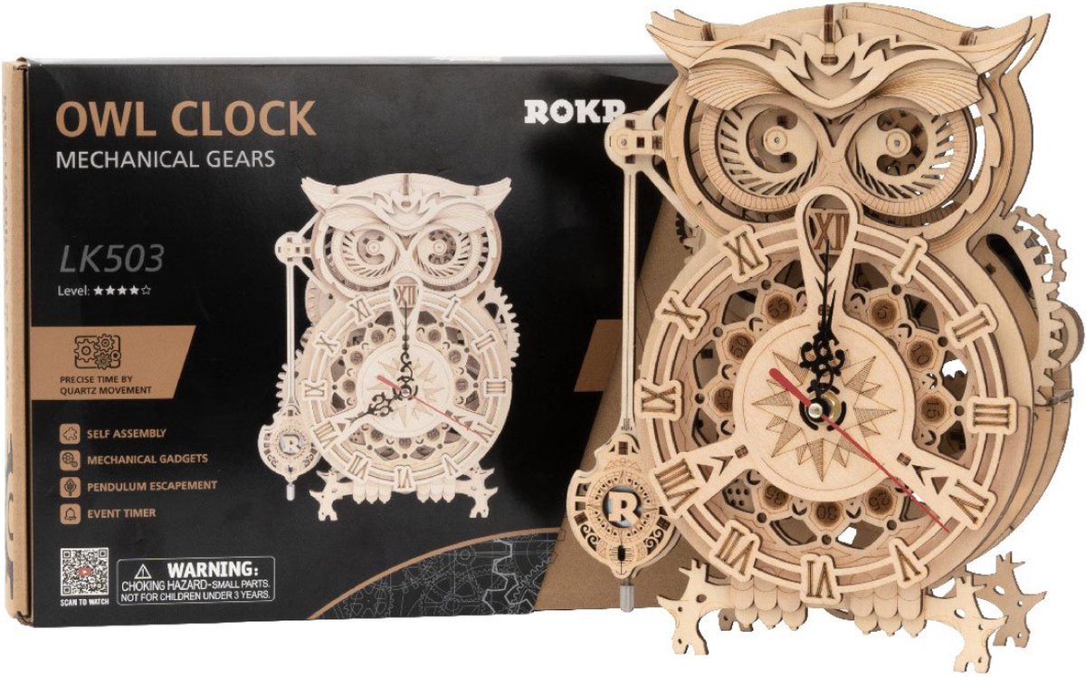Robotime Mechanische Uilklok - 3d Houten Puzzel – 12.8 x 20.6 x 26.5 cm - Modelbouwpakket voor Volwassenen - Creatieve Bouwset - DIY — afbeelding 2