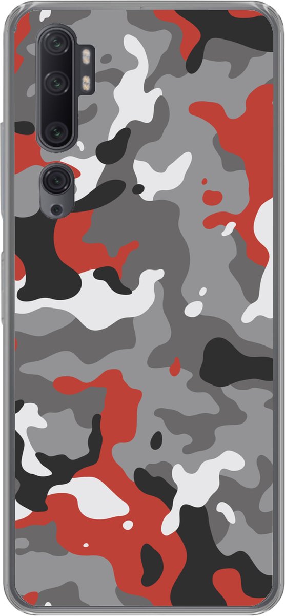 Telefoonhoesje Geschikt voor Xiaomi Mi Note 10 Pro hoesje - Camouflage patroon met rode accenten - Siliconen Telefoonhoesje Telefoonhoesje - Verjaardag cadeau tiener
