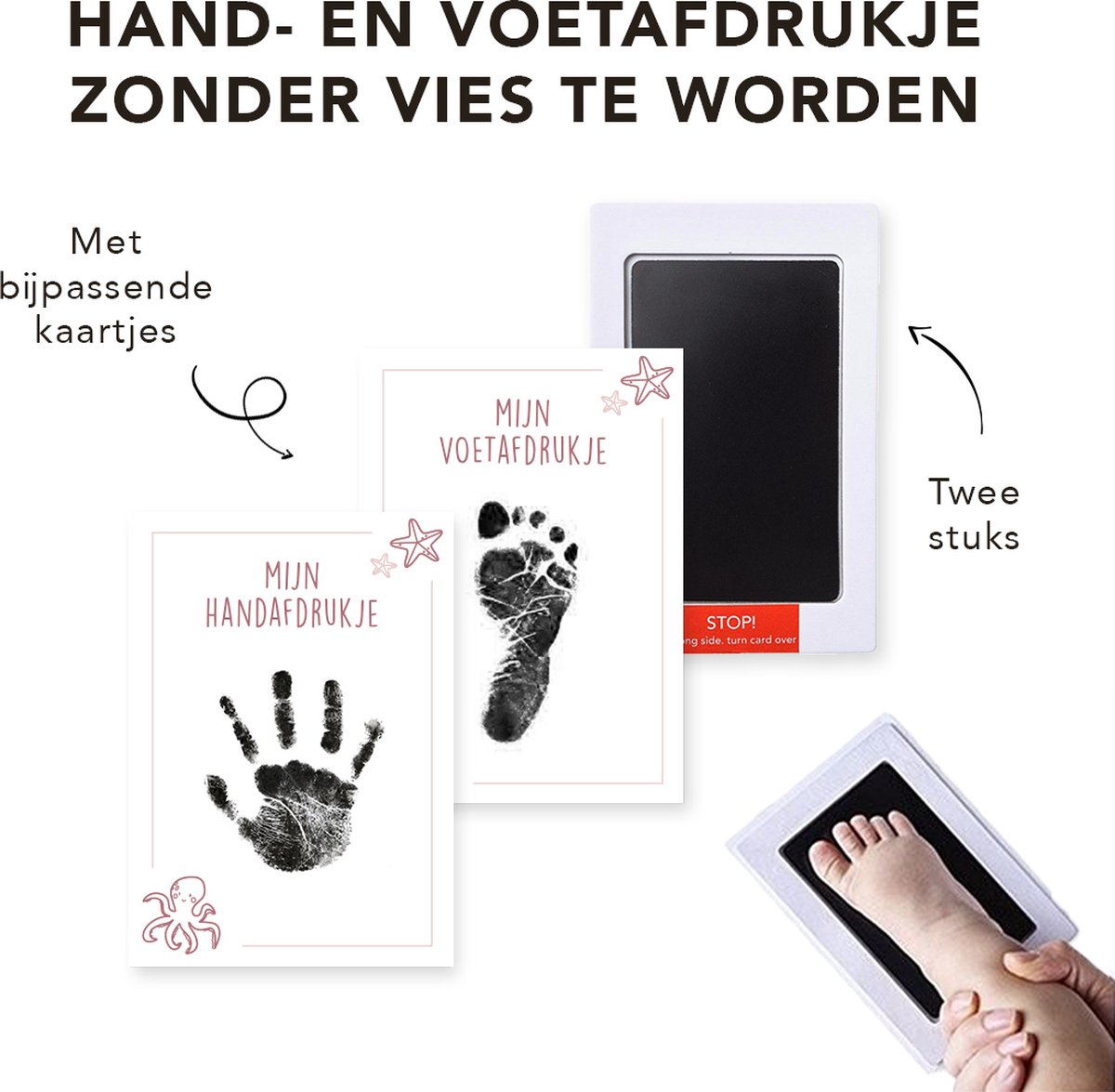 Goedkoopste Inktafdruksetje baby (2 stuks) met bijpassende kaartjes Octopus - Handafdruk baby en voetafdruk baby - Zwarte inktafdruk zonder vies te worden - Inkt afdruk baby