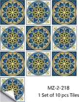 Tegelstickers in Blauw en Gele tinten 10 stuks met verschillend motief 15 x 15 cm