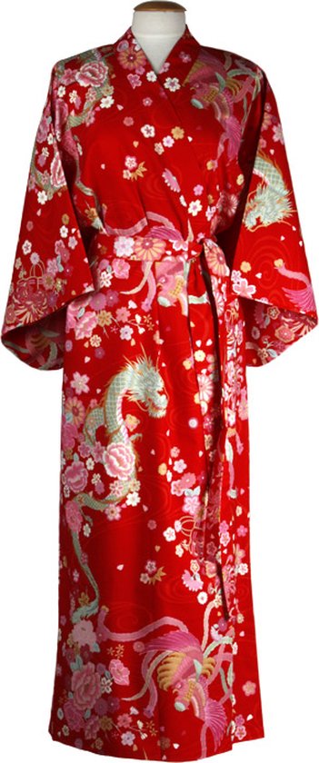 DongDong - Kimono japonais original - Katoen - Motif Dragon et Phoenix - Rouge - L/XL