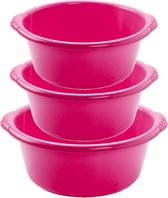 Voordeelset multifunctionele kunststof ronde teiltjes roze in 3-formaten - 10-15-20 liter inhoud