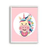 Schilderij  Unicorn Eenhoorn met bloemetje - Roze / Meisje / 50x40cm