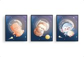 Poster Set 3 Beer luiaard pinguin in de ruimte / space / Dieren / 80x60cm