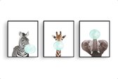 Poster Set 3 – Zebra Giraffe Olifant met Groene Kauwgom – 40x30cm / A3 – Babykamer Muurdecoratie / Babyshower Cadeau