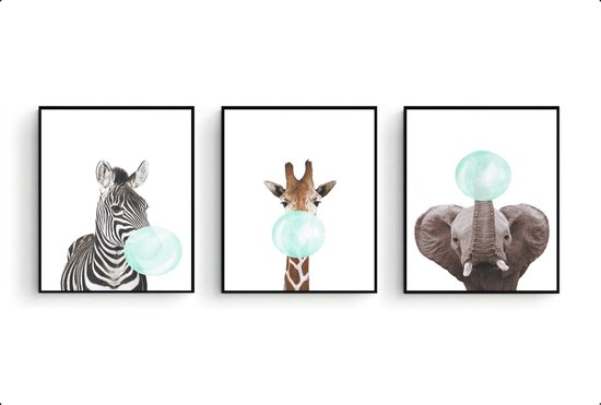 - Poster Set Zebra Giraffe Olifant met Kauwgom / / Babykamer - / Babyshower Cadeau / Muurdecoratie