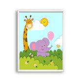 Schilderij  Dieren in de bosjes giraf olifant bijtje - links / Bos / 40x30cm
