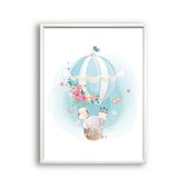 Poster Olifant giraf en zebra in luchtballon - schattige dieren / Luchtballon / Ballon / 80x60cm