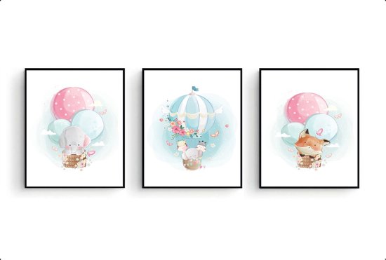 Poster Set 3 Vosje olifant giraffe en zebra in luchtballon - schattige dieren / Luchtballon / Ballon / 80x60cm