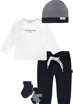 Noppies - Kledingset - 5delig - broek navy - shirt wit met klein printje - 2paar sokjes - Mutsje blauw - Maat 62