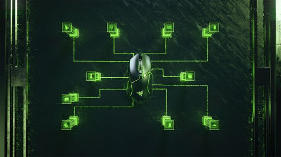 Zwarte Razer Basilisk V3 gamingmuis in het midden, verbonden met groene lijnen met iconen. Achtergrond met groene gloed.