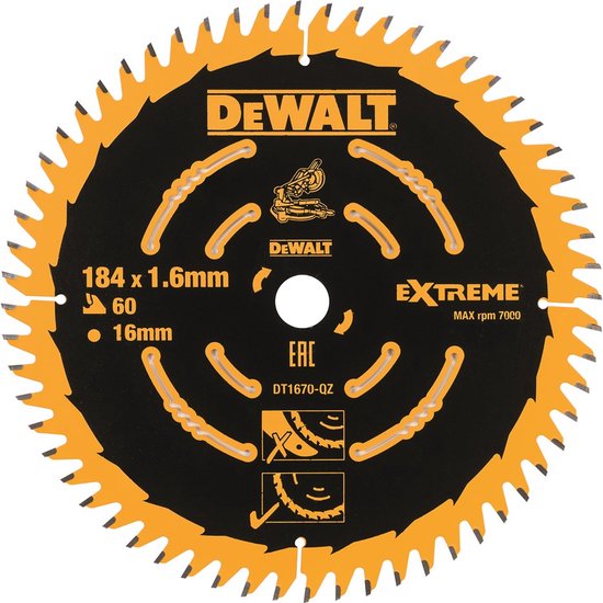 Lame de scie circulaire DeWALT pour bois | Extrême | Ø 184mm Trou d'axe 16mm 60T - DT1670-QZ