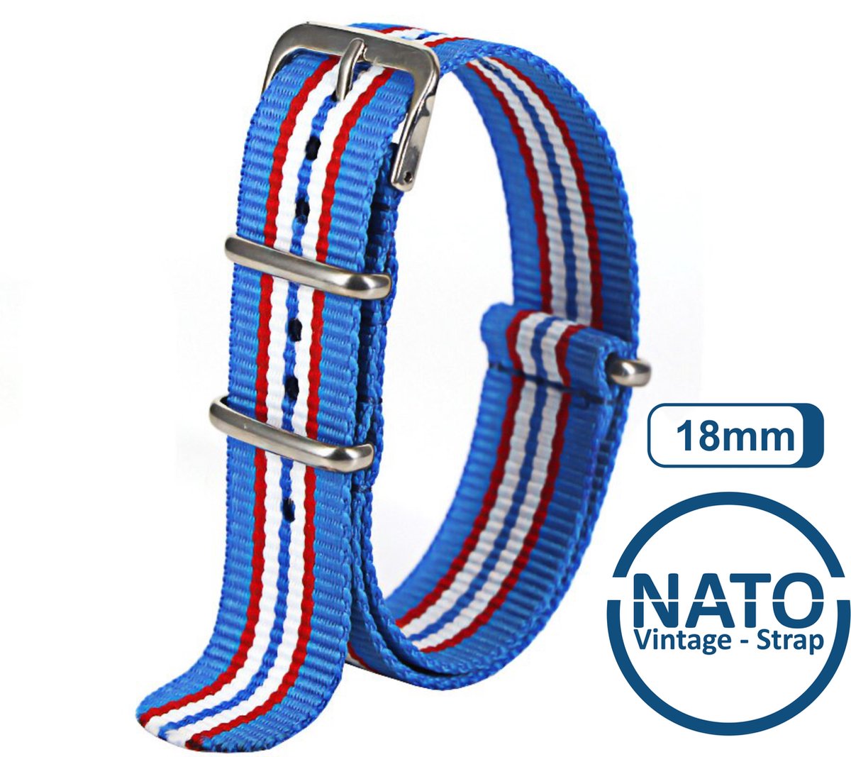 18mm Premium Nato Strap LichtBlauw Rood Wit - Vintage James Bond - Nato Strap collectie - Mannen - Horlogebanden - 18 mm bandbreedte voor oa. Seiko Rolex Omega Casio en Citizen