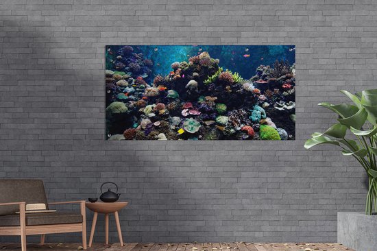 Affiche de clôture Aquarium avec poissons tropicaux et coraux - 200x100 cm - Toile de jardin