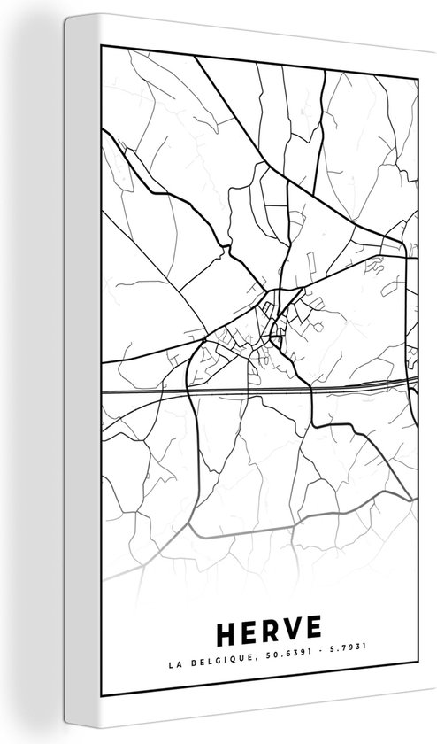 Canvas schilderij 90x140 cm - Wanddecoratie Zwart Wit – België – Plattegrond – Stadskaart – Kaart – Herve - Muurdecoratie woonkamer - Slaapkamer decoratie - Kamer accessoires - Schilderijen