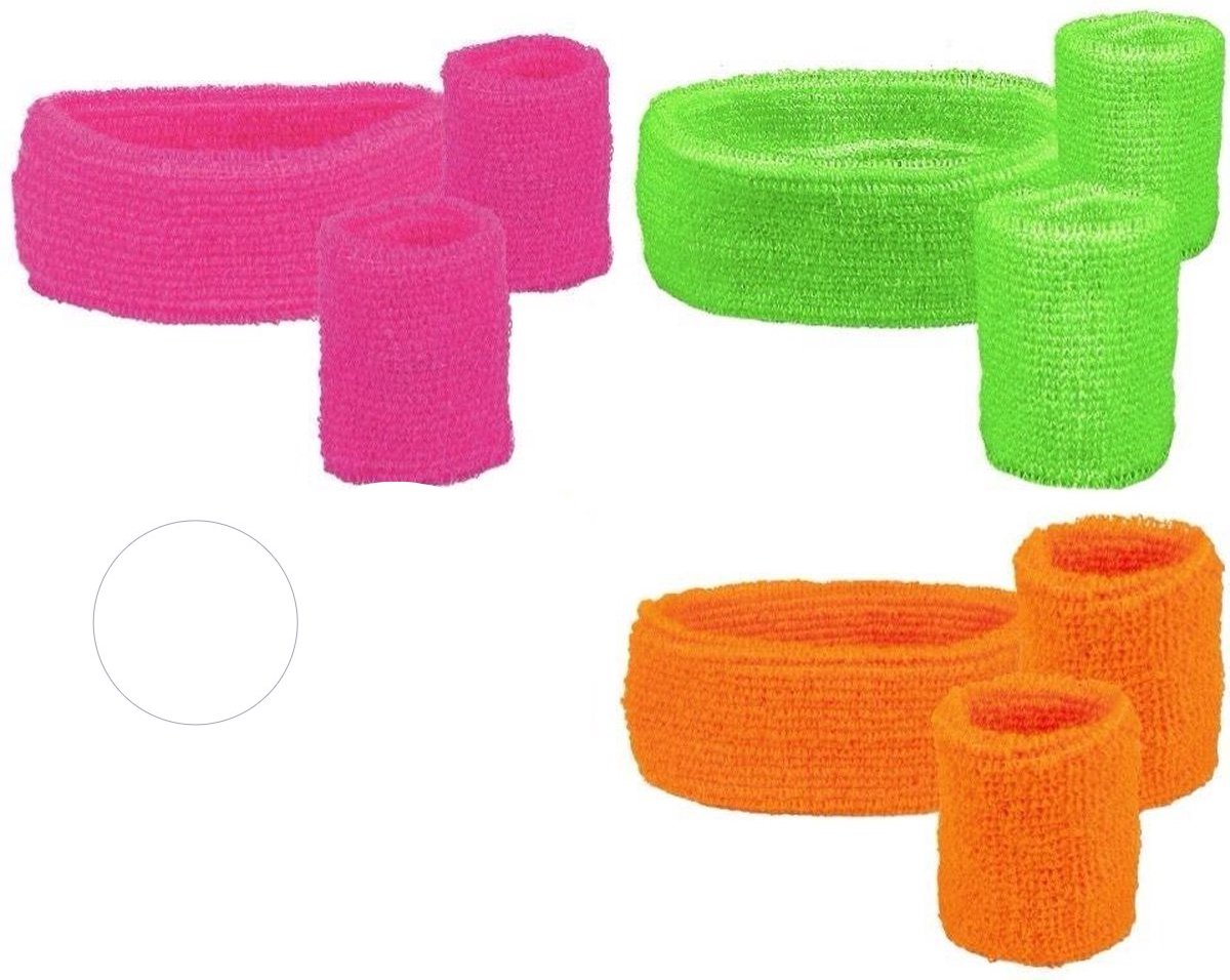 4 Sets zweetbandjes - 2 polsbandjes, 1 hoofdband - neon groen, neon oranje en 2x neon pink.