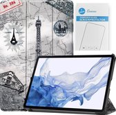 Tablet hoes & 2-Pack Screenprotector geschikt voor Samsung Galaxy Tab S8 - 11 Inch - Auto Wake/Sleep functie - Eiffeltoren