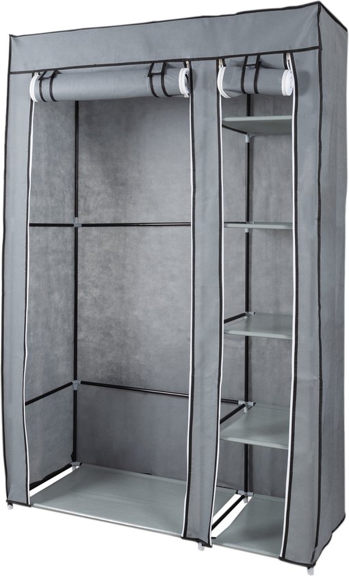 KM3G XL opvouwbare kledingkast - Metalen frame met 140KG draagkracht - Stoffen garderobekast - 5 opslag planken en 1 ophangstang - Ruimtebesparende kleerkast - Grijs - 110x45x175CM — afbeelding 4
