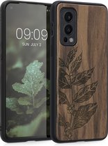 kwmobile telefoonhoesje compatibel met OnePlus Nord 2 5G - Hoesje met bumper in donkerbruin - walnoothout - Bladertak design
