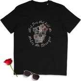 Dames T Shirt - Bloemen Doodshoofd en Tekst - Zwart - Maat L