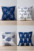 Piece of Trend - Set van 4 - Sierkussen -Inclusief binnenkussen- 4 stuks - dubbelzijdig design - Trendy kleuren - 43 x 43 - MARINE