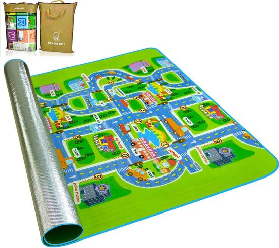 Maboshi Spel mat - 160x200cm - in vrolijke kleuren - Dubbelzijdig speelbaar -Stadsplattegrond- babywandelpad kruippad - geschikt voor kinderen's kruipdeken - yoga mat - picknickdeken en sportmat-beschermen tegen vocht-Cadeautjes voor kinderen