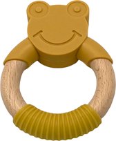 Kidsy - Silicone Kikker Bijtring - BPA Vrij - Trendy Beuken Houten Bijtring - Bijtketting - Mosterd