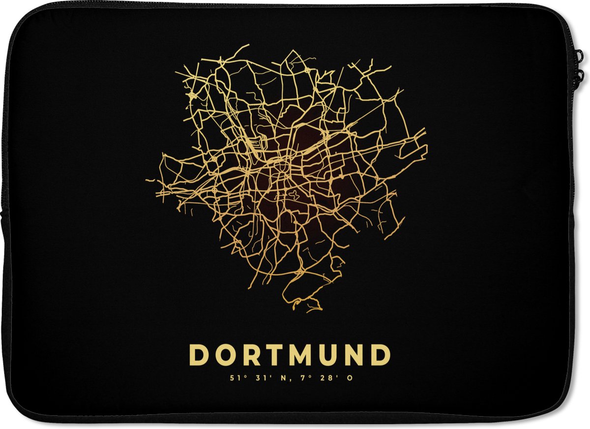 Laptophoes 14 inch - Kaart - Dortmund - Goud - Plattegrond - Stadskaart - Laptop sleeve - Binnenmaat 34x23,5 cm - Zwarte achterkant