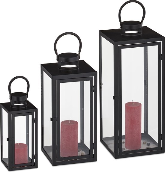 Relaxdays lantaarn set van 3 - kaarslantaarn - buiten - windlicht - metaal  - glas - zwart | bol