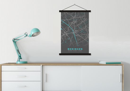 Porte-affiche avec affiche - Affiche scolaire - Plan de la ville - Grijs - Carte - Beringen - België - Carte - 60x90 cm - Lattes noires