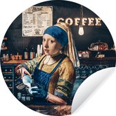 WallCircle - Muurstickers - Behangcirkel - Koffie - Meisje met de parel - Barista - Vermeer - Cappuccino - Schilderij - 80x80 cm - Muurcirkel - Zelfklevend - Ronde Behangsticker
