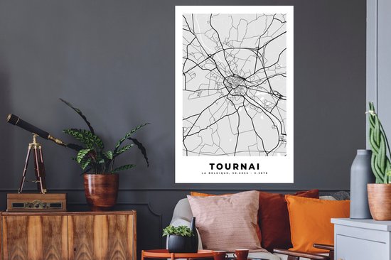 Muurstickers - Sticker Folie - Stadskaart – Plattegrond – België – Zwart Wit – Tournai – Kaart - 80x120 cm - Plakfolie - Muurstickers Kinderkamer - Zelfklevend Behang - Zelfklevend behangpapier - Stickerfolie