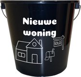 Emmer - 5 liter - zwart - met tekst: Nieuwe woning – Cadeau – Geschenk – Gift – Kado – Surprise