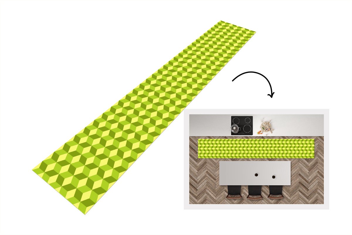 KitchenYeah Keukenloper - Keukenmat - Patroon - Groen - Blokken - Keuken vloerkleed Multicolor