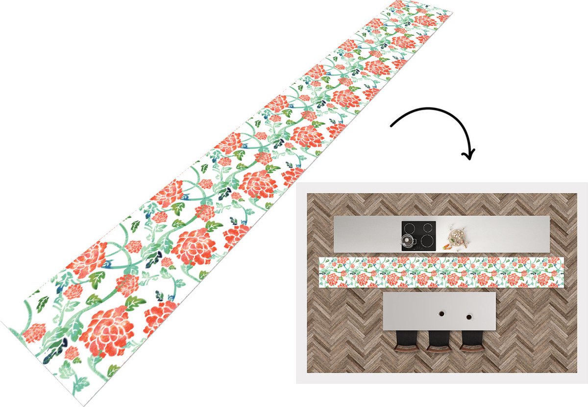 KitchenYeah Keukenloper - Keukenmat - Bloemen - Bladeren - Patronen - Waterverf - 400x50 cm - Keuken vloerkleed Multicolor