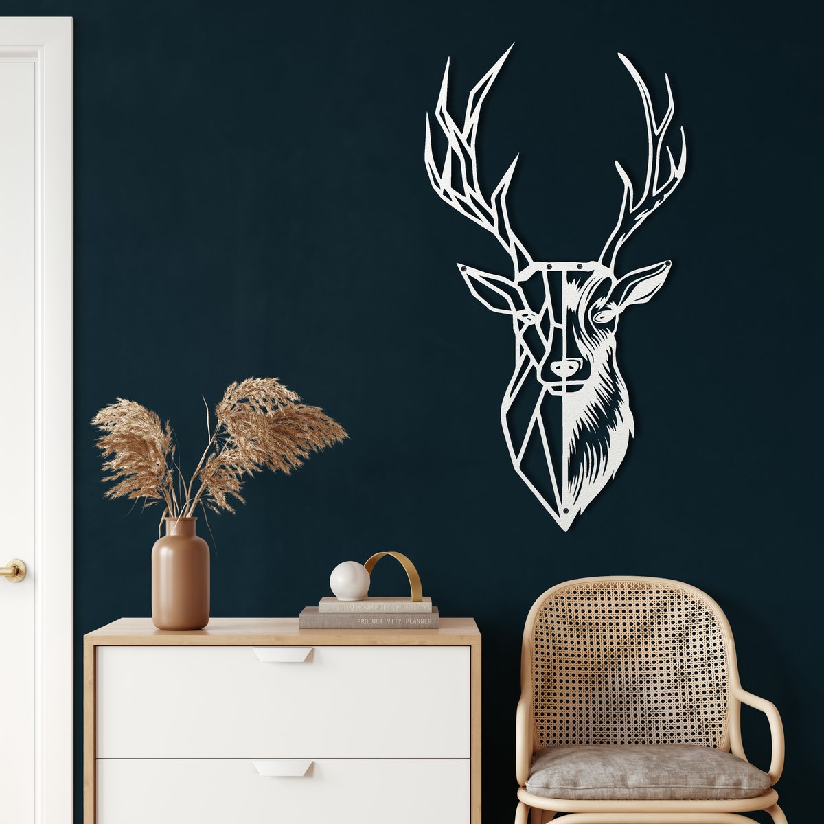 Wanddecoratie |Geometric Deer Head decor | Metal - Wall Art | Muurdecoratie | Woonkamer |Wit| 32x60cm