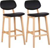 Kamyra® Industriële Lederen Barkruk - Barstoelen met Rugleuning - Set van 2 Stuks - Zithoogte 65 cm - Massief Hout - Zwart 43 x 37 cm