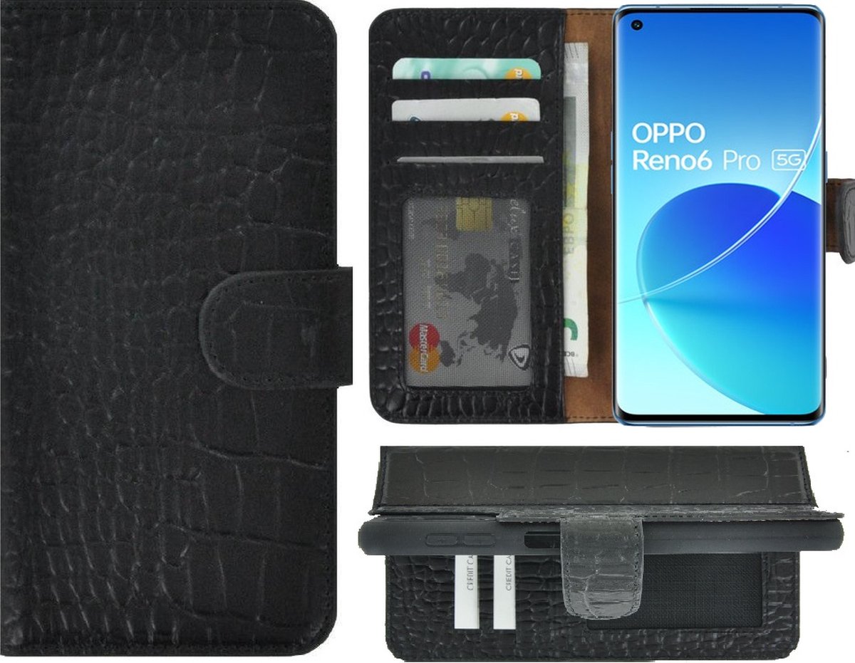 Oppo Reno6 Pro 5G Hoesje - Bookcase - Portemonnee Hoes Echt leer Wallet case Croco Zwart