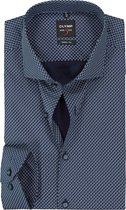 OLYMP Level 5 body fit overhemd - mouwlengte 7 - donkerblauw met lichtblauw en wit dessin - Strijkvriendelijk - Boordmaat: 38