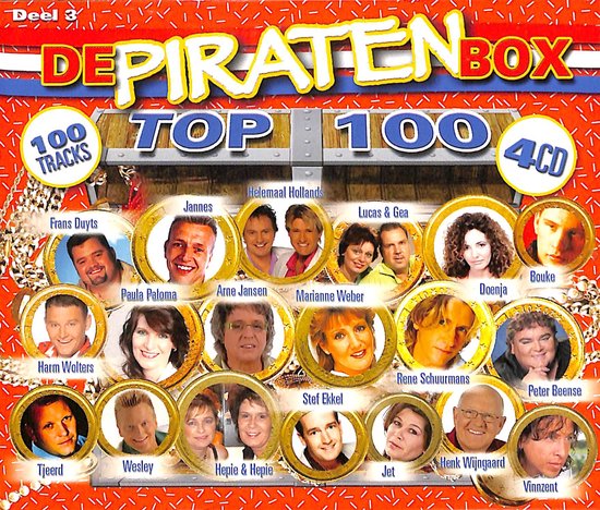CD cover met de titel 'DE PIRATENBOX TOP 100 4CD' en foto's van zangers.