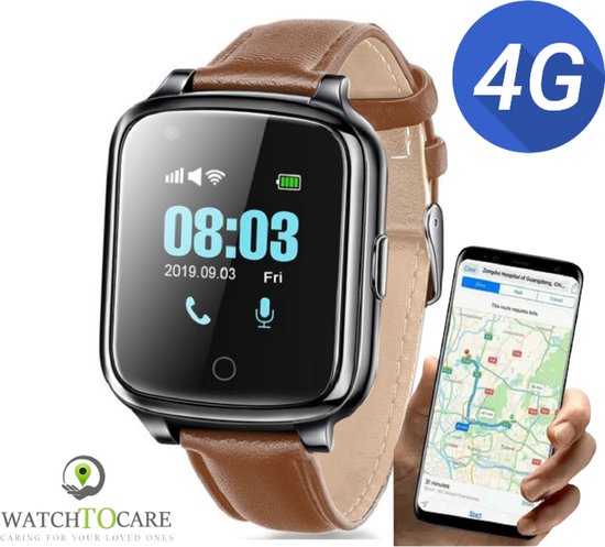 WatchToCare WTC 45 - GPS Tracker - Smartwatch - GPS Horloge Ouderen - Alarm Horloge- SOS Horloge - Valdetectie - Alzheimer - Dementie patiënten - Alarmknop - Noodknop - Lebara Sim + €5 tegoed - Géén abonnement - Garantie 2 jr -Horlogeband Bruin Leer