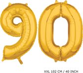Mega grote XXL gouden folie ballon cijfer 90 jaar. Leeftijd verjaardag 90 jaar. 102 cm 40 inch. Met rietje om ballonnen mee op te blazen.