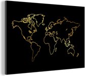 Wanddecoratie Metaal - Aluminium Schilderij Industrieel - Gouden wereldkaart op een zwarte achtergrond - 90x60 cm - Dibond - Foto op aluminium - Industriële muurdecoratie - Voor de woonkamer/slaapkamer