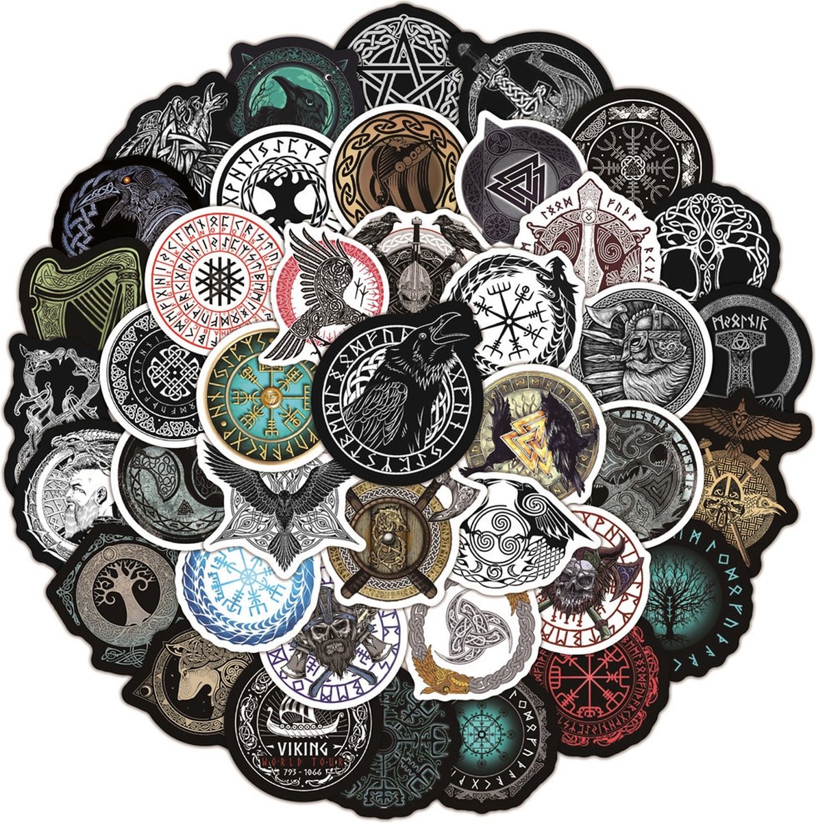 Winkrs | Viking stickers met kraaien, raven en symbolen - 50 stuks - voor laptop, muur, deur etc.