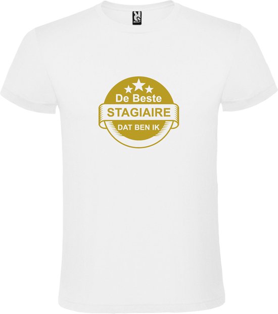 Wit T shirt met print van " De Beste Stagiaire dat ben ik " print Goud size S