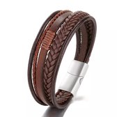 Armband heren 23 cm leer bruin - Zilver kleurige sluiting - 5 delig sets- Bruin/zwart leer gevlochten armband voor mannen - Heren armband voor hem - Touw & kunstleer 23cm