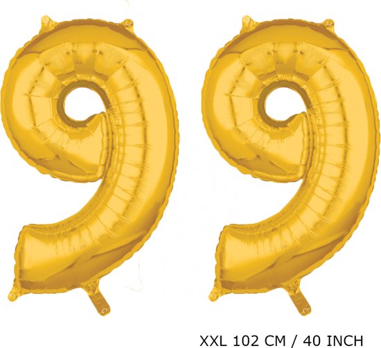 Mega grote XXL gouden folie ballon cijfer 99 jaar. Leeftijd verjaardag 99 jaar. 102 cm 40 inch. Met rietje om ballonnen mee op te blazen.