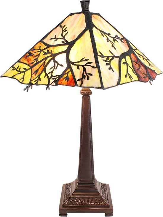 LumiLamp Tiffany Lampe de Table Ø 36*57 cm E27/max 2*60W Jaune, Oranje Glas, Métal Tiffany Lampe de Bureau Lampes Tiffany