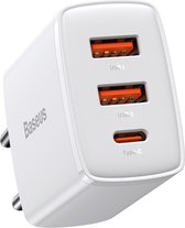 Baseus Compact Oplader met 2 USB A en 1 USB C aansluiting 30W wit - PD3.0 Power Delivery - QC3.0 Qualcomm Quick Charge